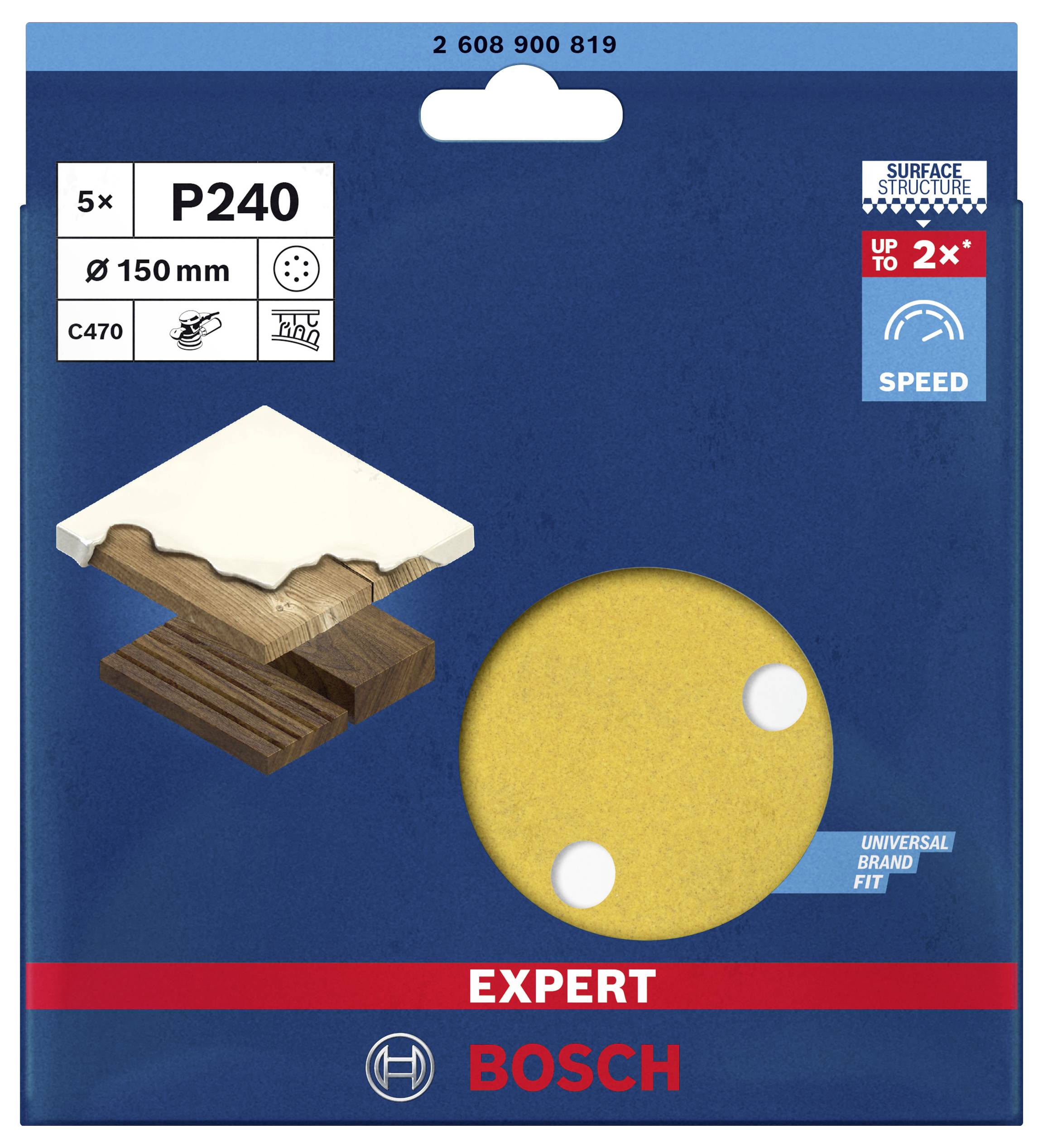 'Bosch Expert Sanding Discs P240, Pack of 5, 150 mm. Surface structure improves speed by up to 2x. Universal fit.'