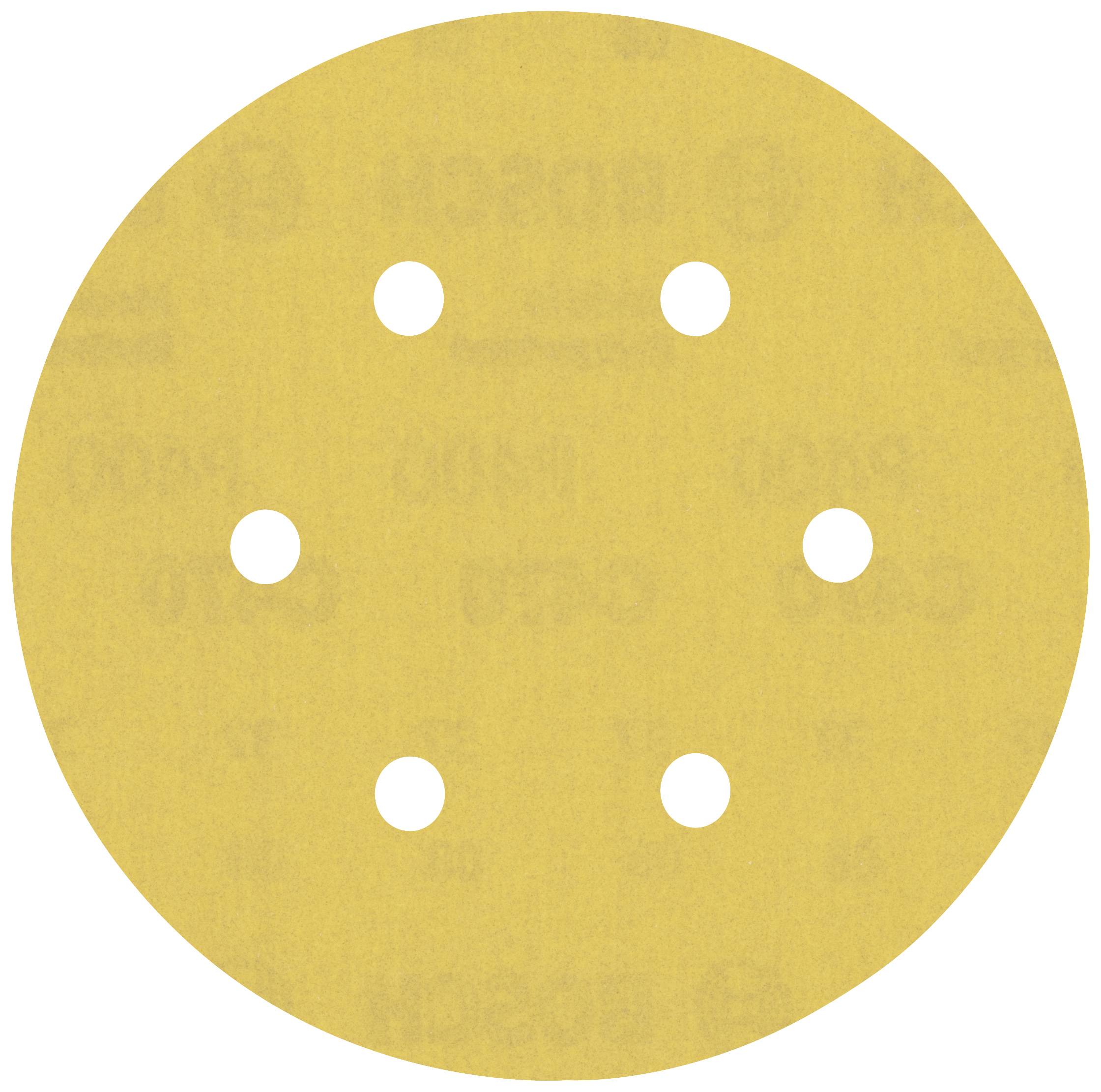 Yellow, round sanding disc with six holes, used for sanding work.