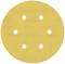 Yellow, round sanding disc with six holes, used for sanding work.