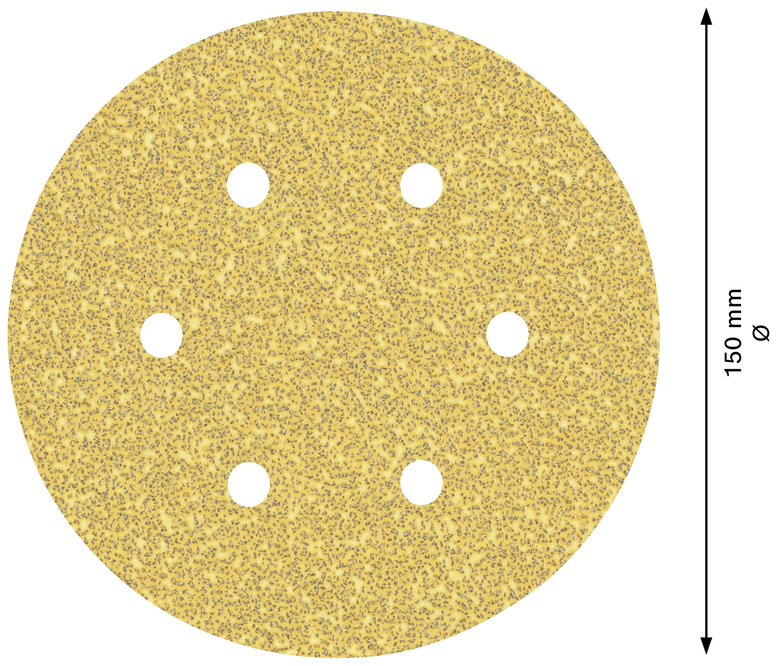 A round, yellow sandpaper disc with a diameter of 150 mm, with six evenly distributed holes, rises on the right.