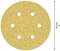 A round, yellow sandpaper disc with a diameter of 150 mm, with six evenly distributed holes, rises on the right.