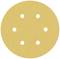 Circular sanding paper sheet with six holes, golden in colour, commonly used for sanding work on wood or metal.