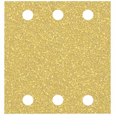 Square yellow sandpaper with five round holes at equal intervals.