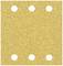 Square yellow sandpaper with five round holes at equal intervals.