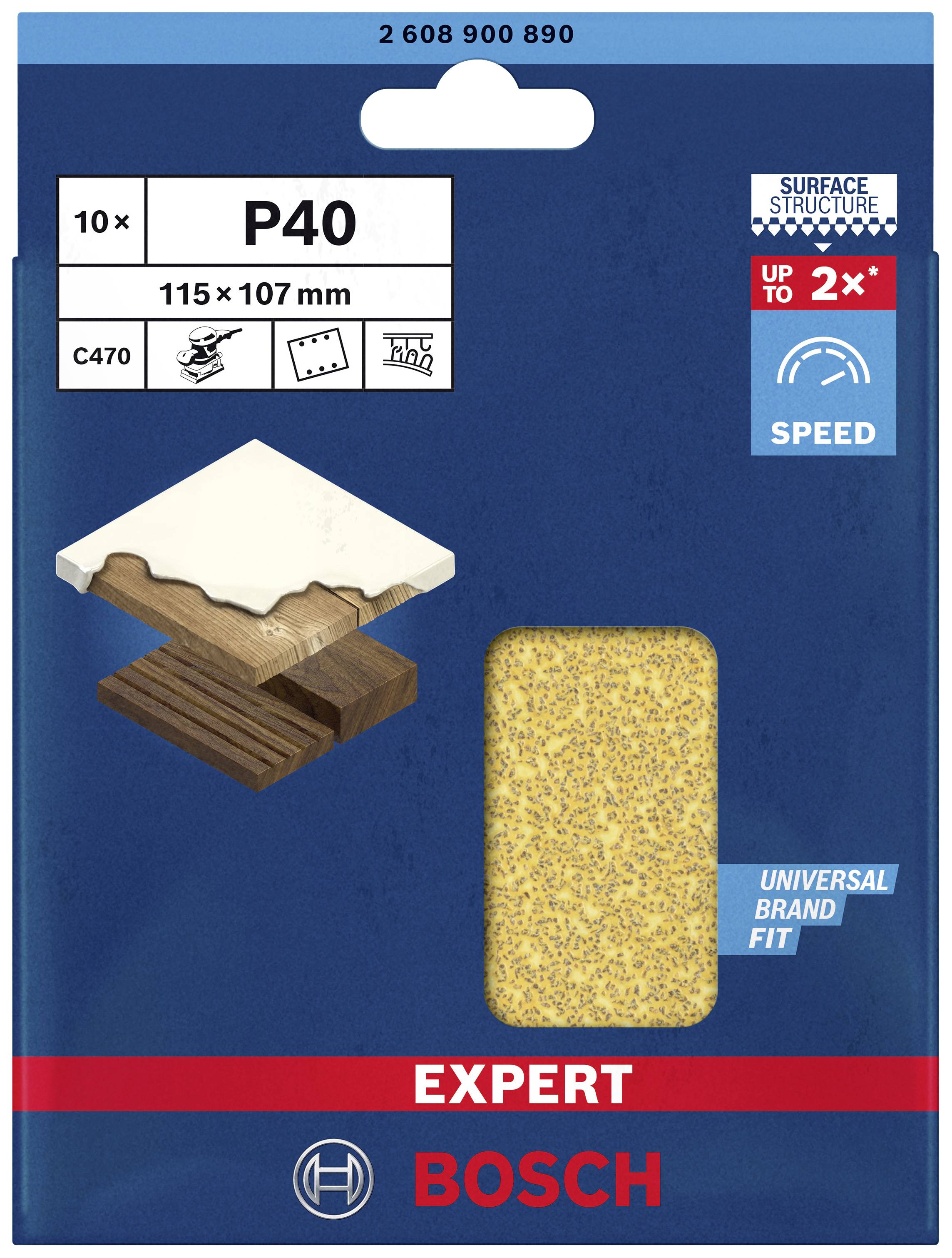 Bosch Sandpaper Packaging, 10 Pieces, Grit P40, Size 115 x 107 mm, Illustration of Wood Before and After Sanding.