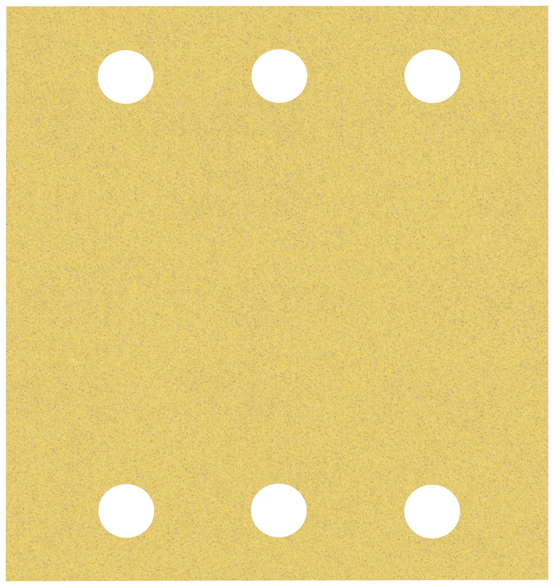 Yellow sandpaper with six round holes, evenly arranged in two rows.