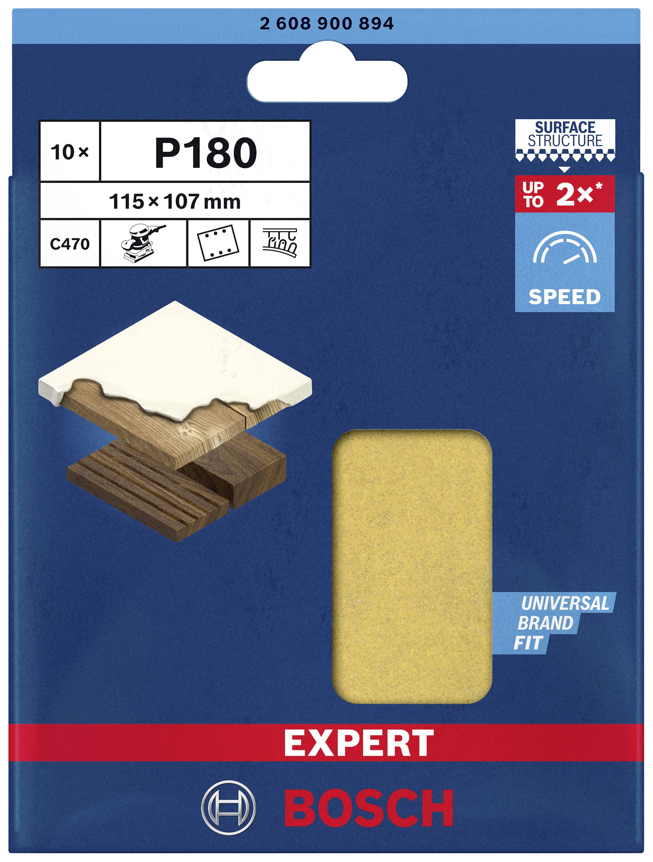 Bosch sandpaper packaging, Grit P180, Dimensions 115 x 107 mm, suitable for various surfaces, contains 10 sheets.