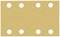 A rectangular piece of sandpaper with eight evenly distributed round holes. Colour: gold-brown.