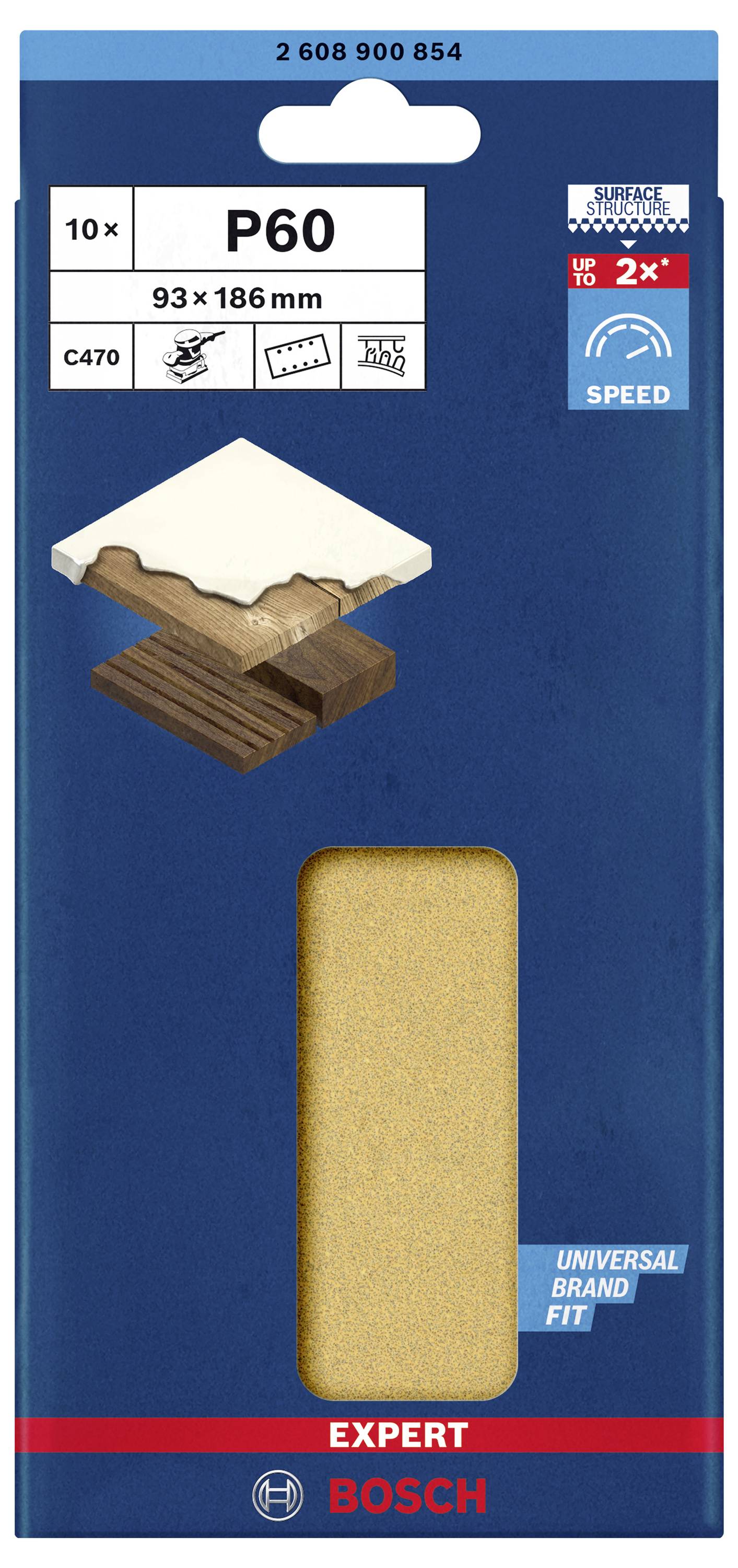 Pack of sandpaper with P60 grit, suitable for wood and paint. Bosch brand, ten pieces, dimensions 93 x 186 mm.