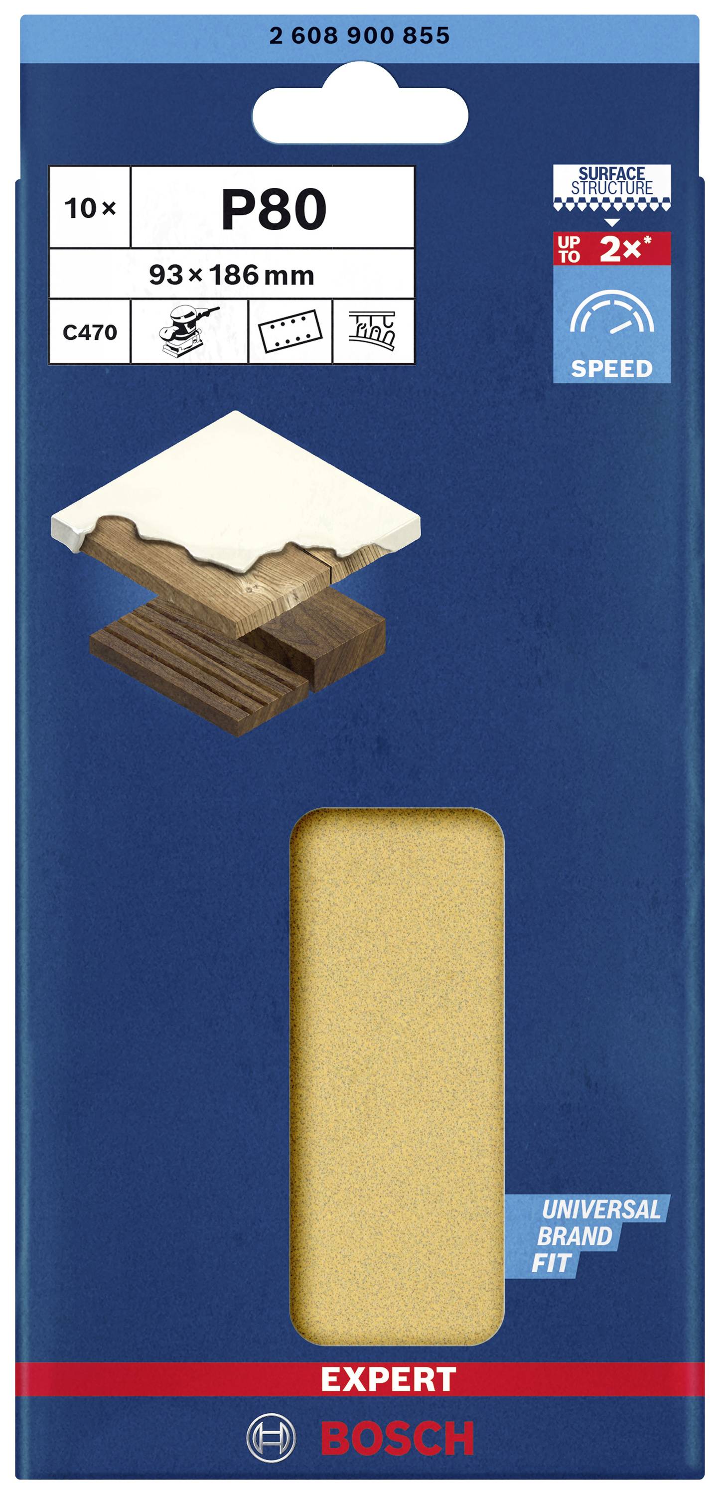 'Bosch Sanding Sheets P80, Pack of 10, 93 x 186 mm, Suitable for Wood.' Packaging in Blue with Image of Wooden Material.