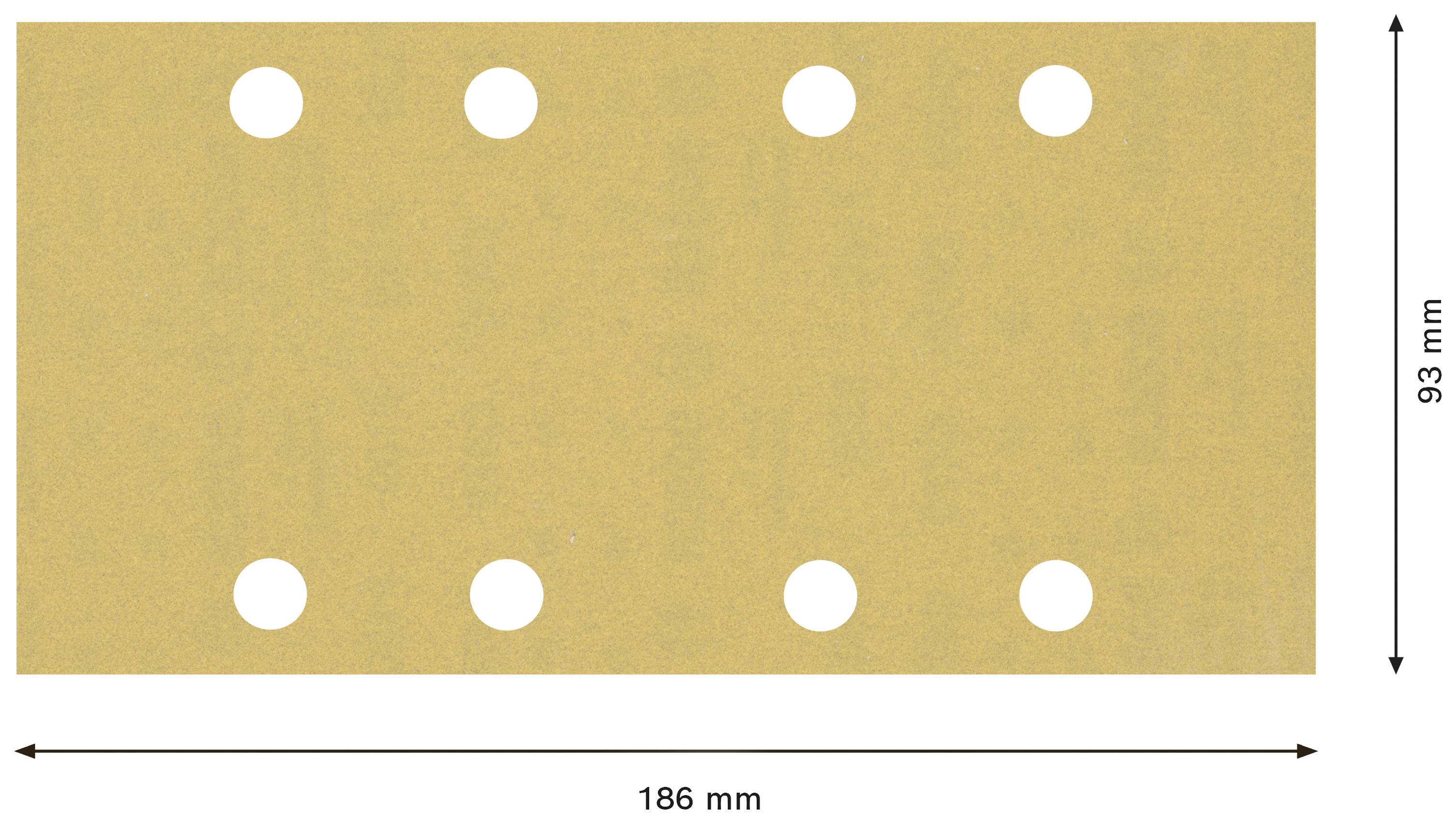 Figure shows a rectangular sandpaper measuring 186 mm x 93 mm with six evenly distributed holes.