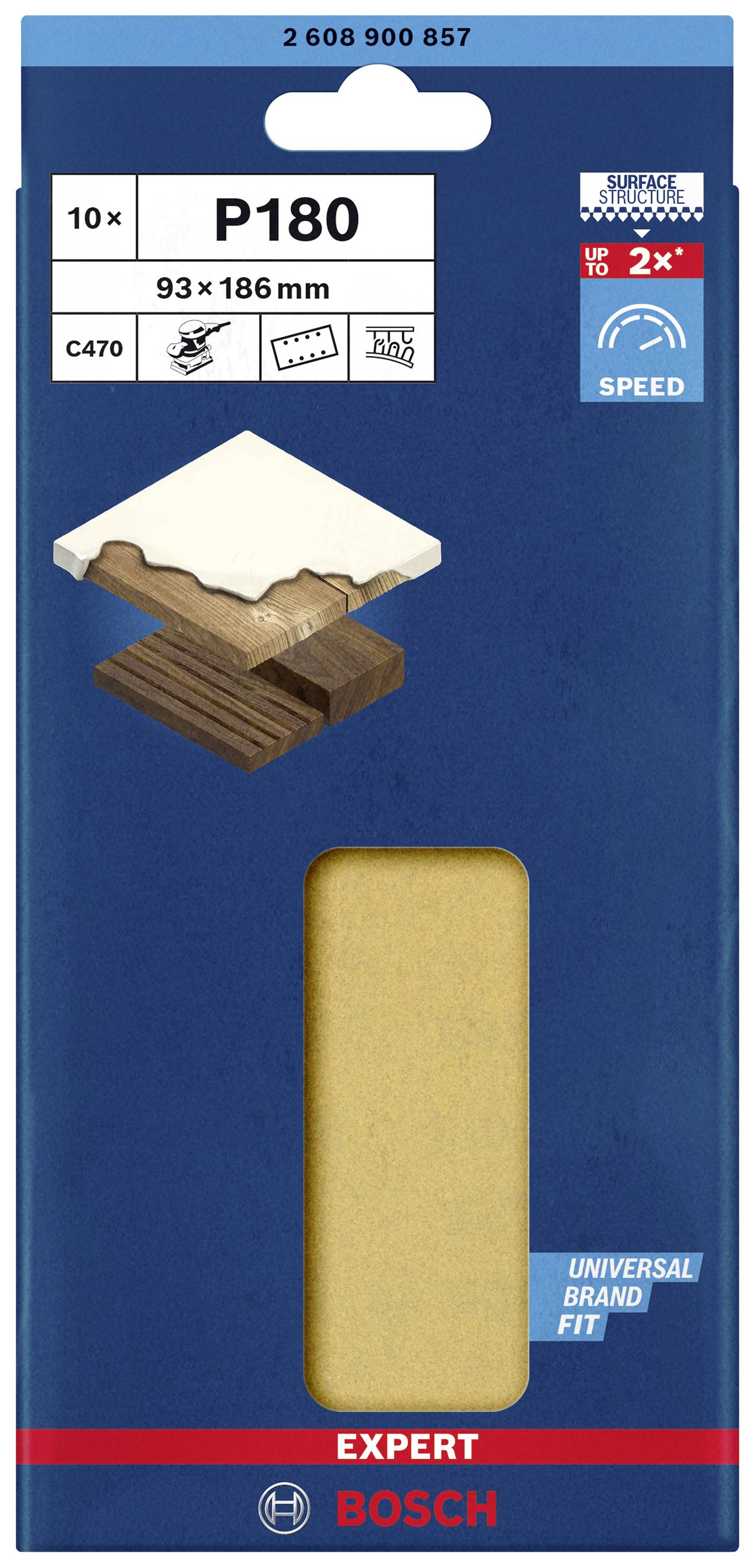 'Sandpaper P180, 93x186 mm, Bosch Expert. Suitable for wood and paint. Efficient up to 2x speed.'