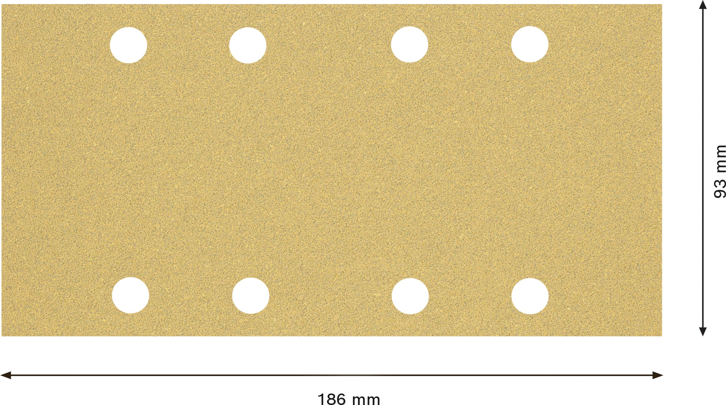Rectangular sandpaper, 186 mm long and 93 mm wide with eight round holes in two rows.