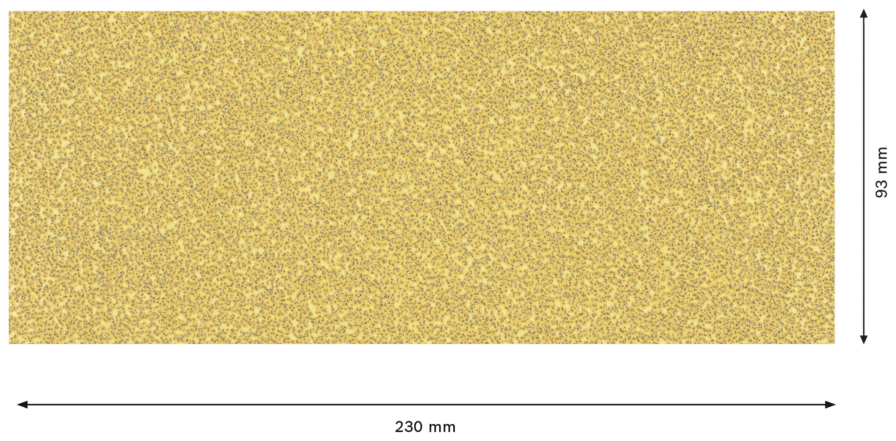 Yellow rectangle measuring 230 mm in width and 93 mm in height, displaying a granular texture similar to sandpaper.