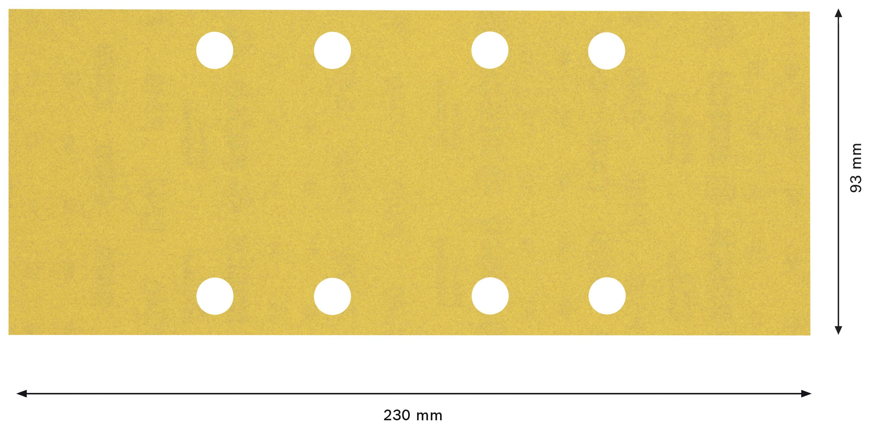 Yellow rectangular sheet with eight round holes, dimensions: 230 mm x 93 mm.
