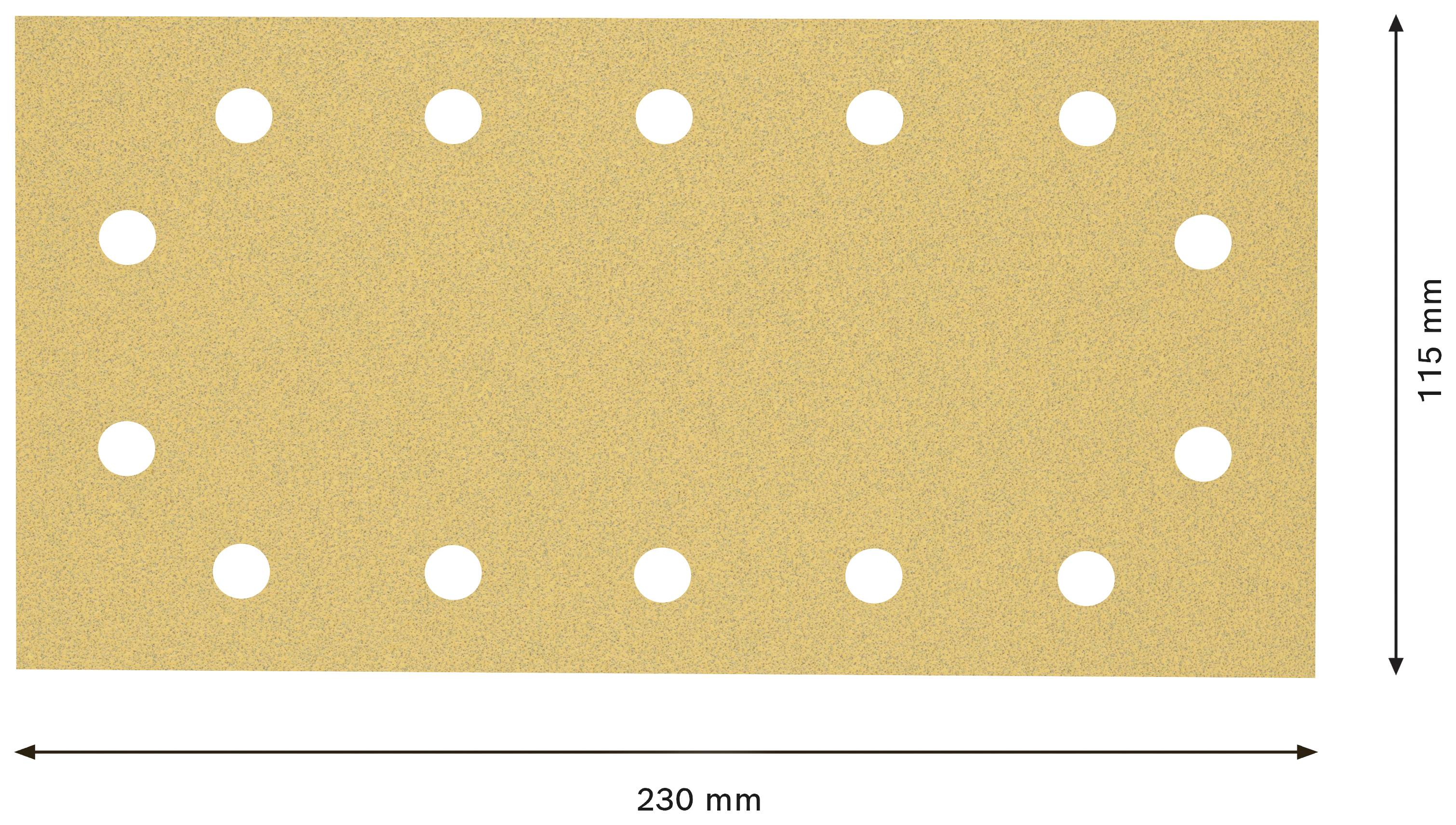 Rectangular sandpaper measuring 230 mm wide and 115 mm high, with 14 holes evenly distributed.
