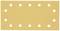 Sandpaper with a rectangular shape, evenly distributed white holes in three rows for dust extraction during sanding work.