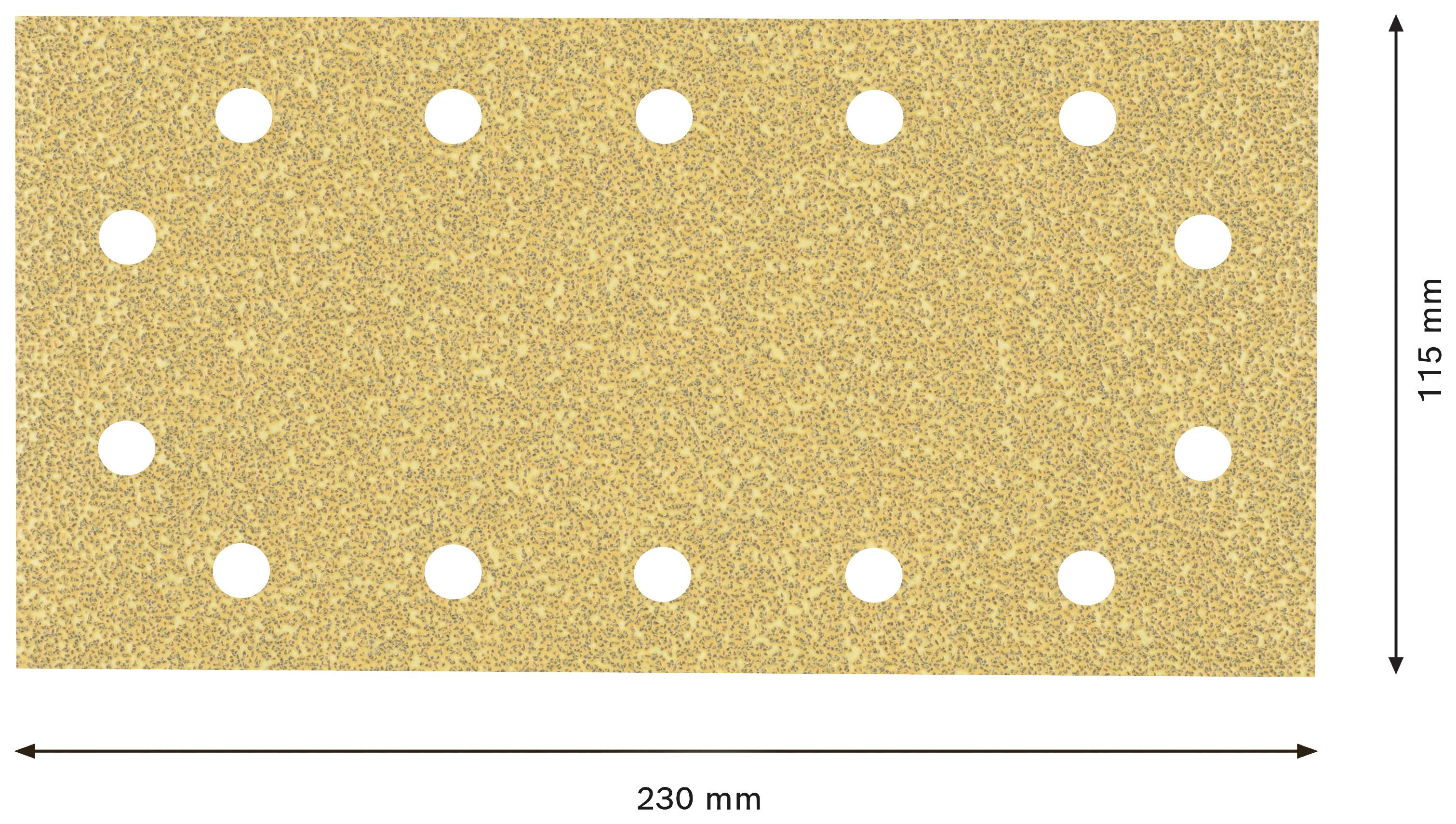 Rectangular sandpaper with 14 holes, dimensions: 230 mm x 115 mm.