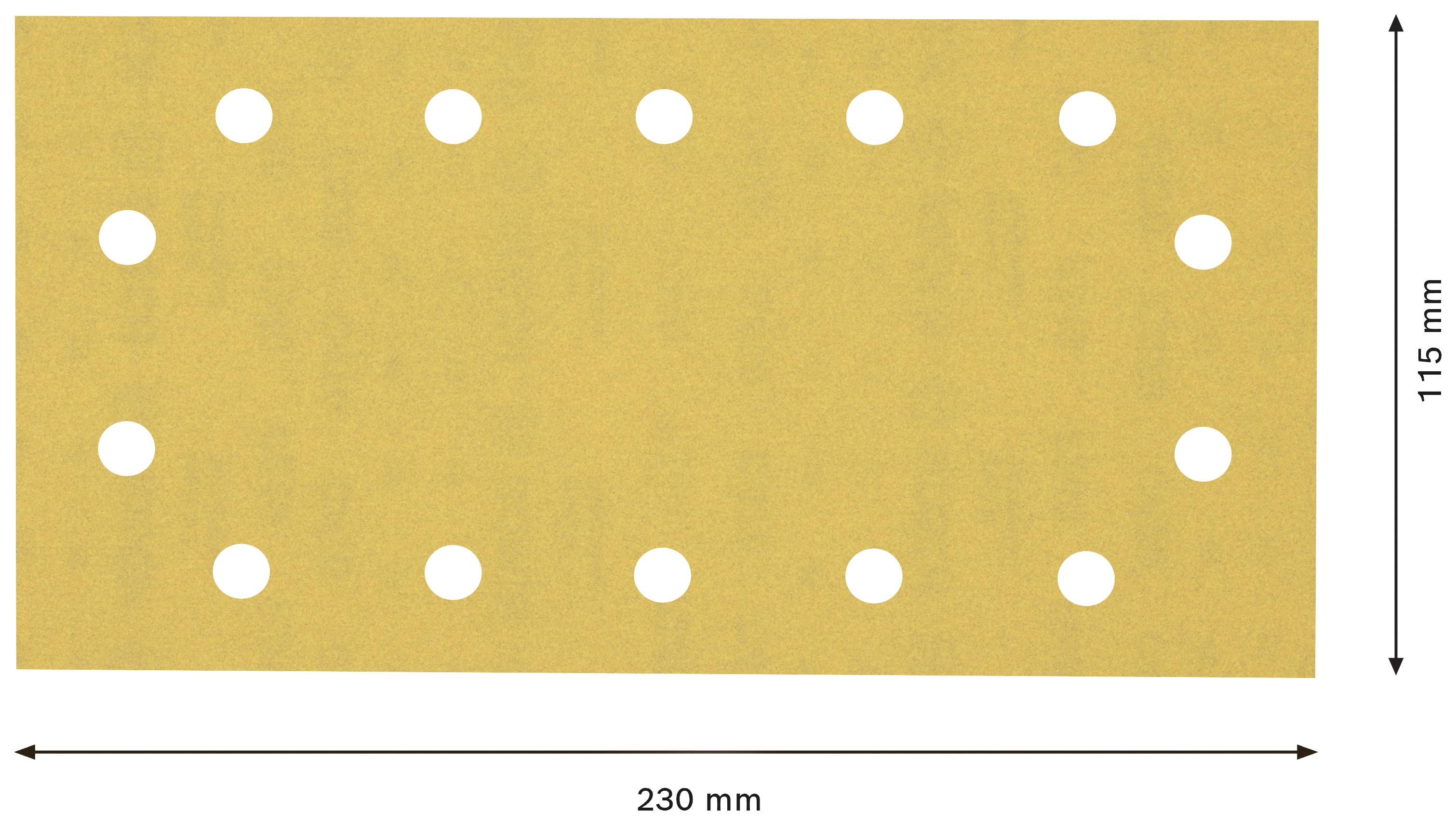 Rectangular sandpaper with 14 evenly distributed round holes. Dimensions: 230 mm x 115 mm.