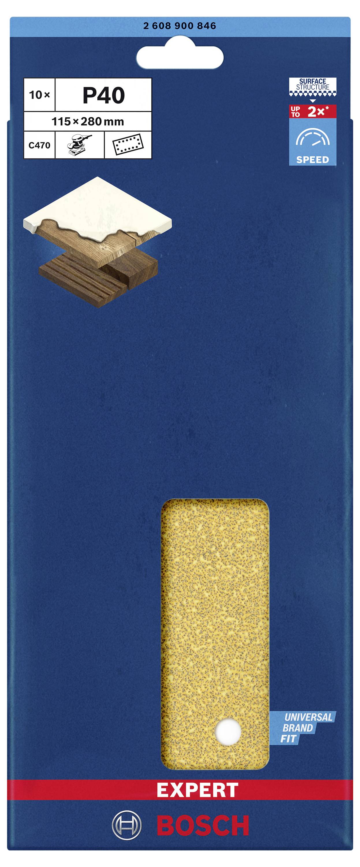Sandpaper Pack of 10 Sheets, Grit P40, Size 115 x 280 mm. Suitable for Wood and Universal Applications. Brand Name 'Bosch'.
