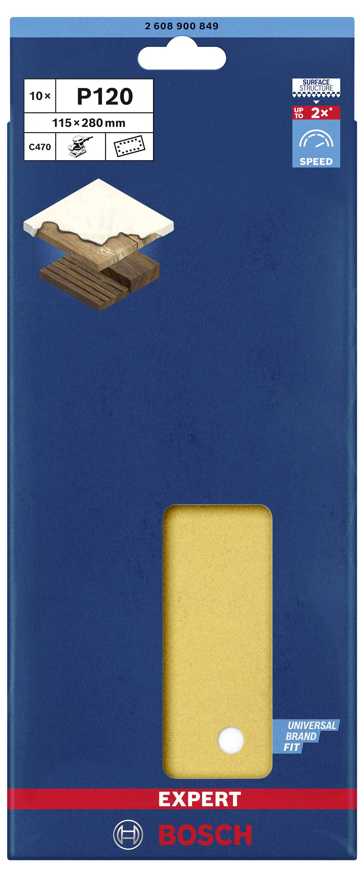 'Packaging for Bosch Expert Sandpaper P120, 115 x 280 mm, 10 Pieces. Suitable for Wood and Paint. Turbo Speed Logo Top Right.'