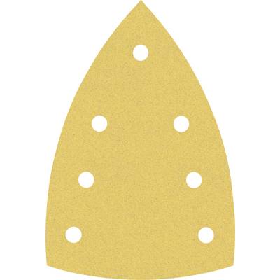 Golden, drop-shaped sandpaper with seven symmetrically placed holes, used for detailed and precision work.