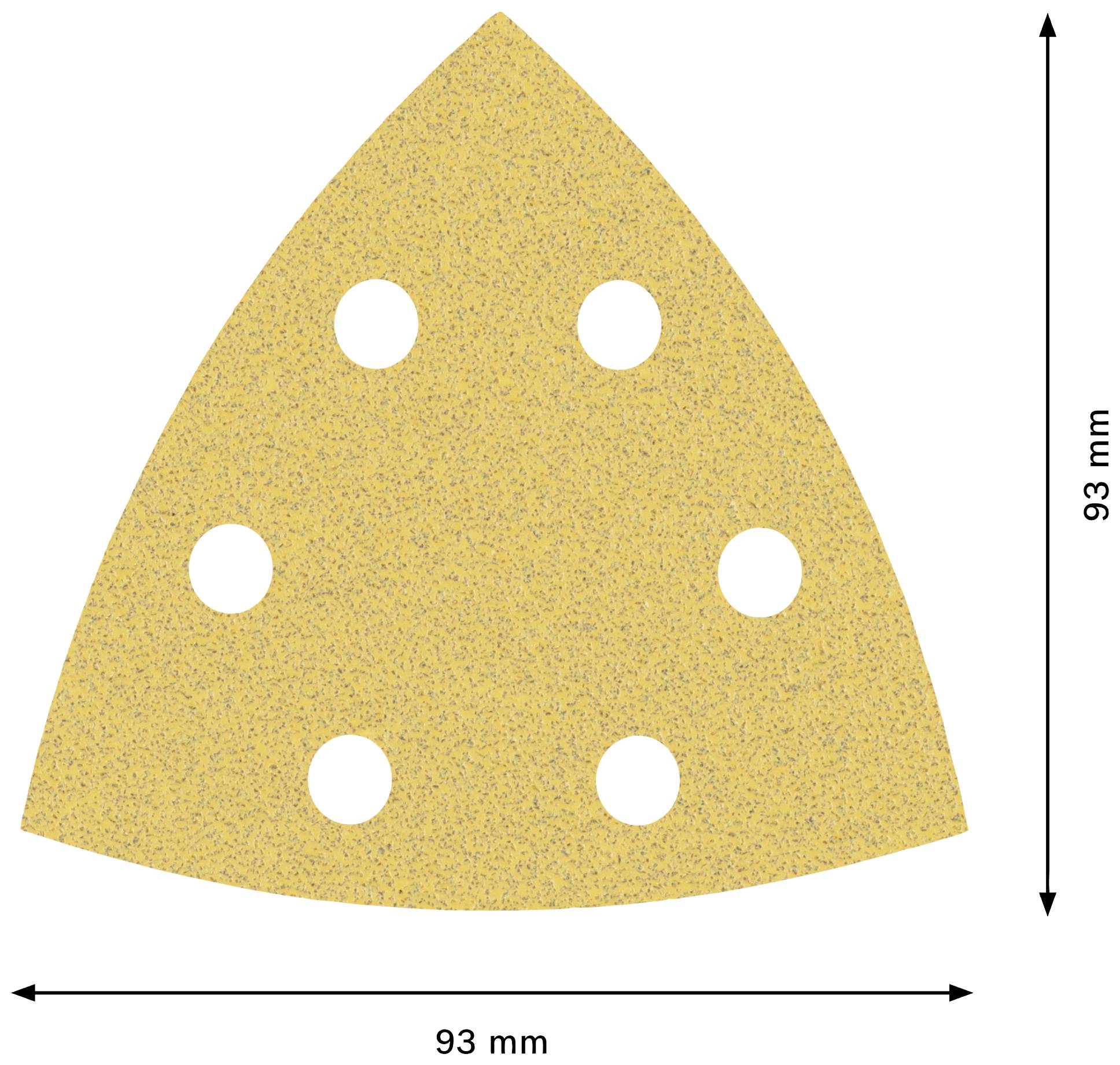 Triangular sandpaper with six holes, 93 mm edge length.