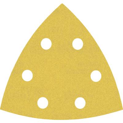 A triangular sandpaper with six round holes, dyed yellow, used for sanding machines for surface processing.