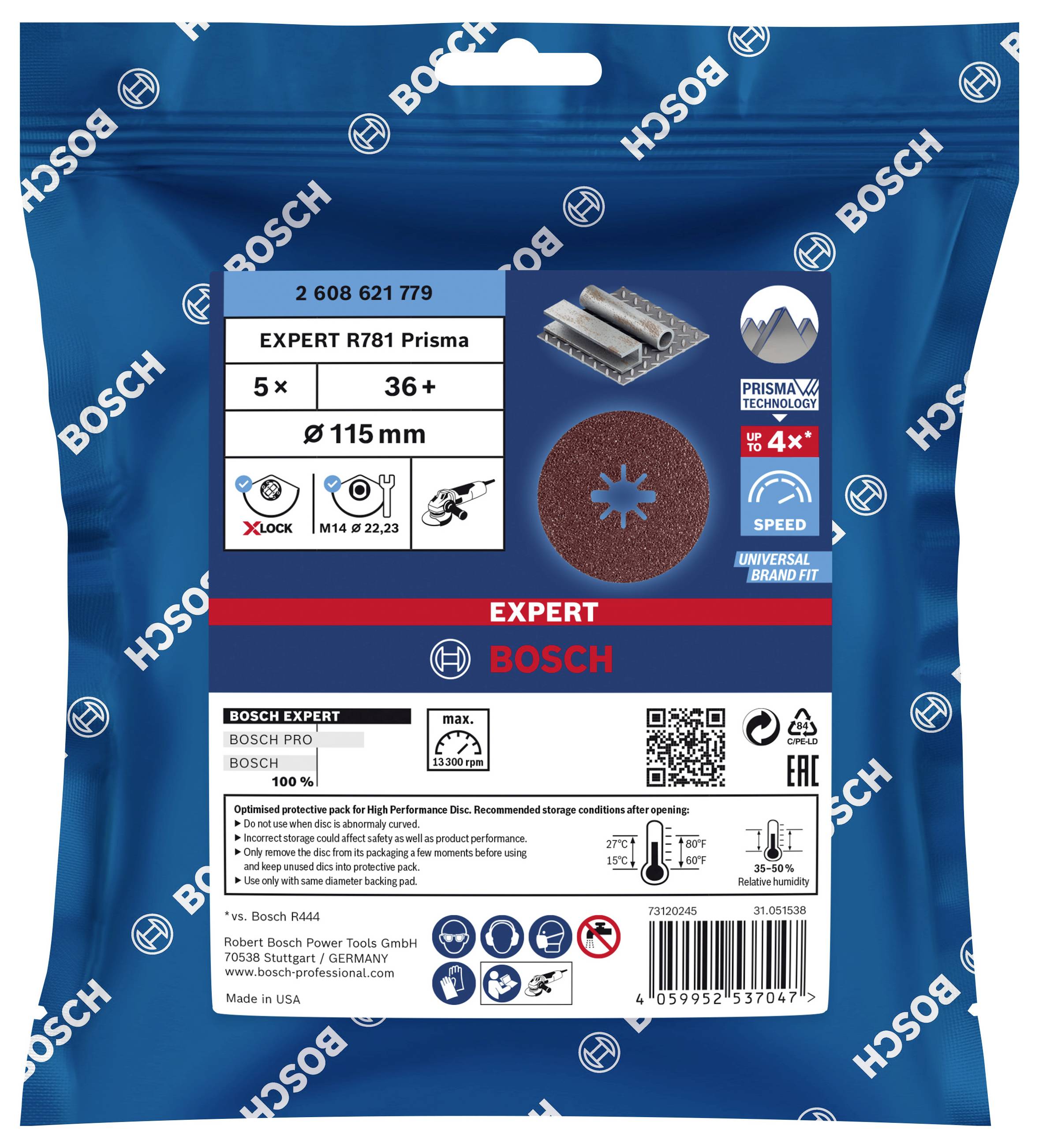 Packaging of a grinding disc set by Bosch 'EXPERT R781 Prisma', 5 pieces, 115 mm diameter, for metal materials.