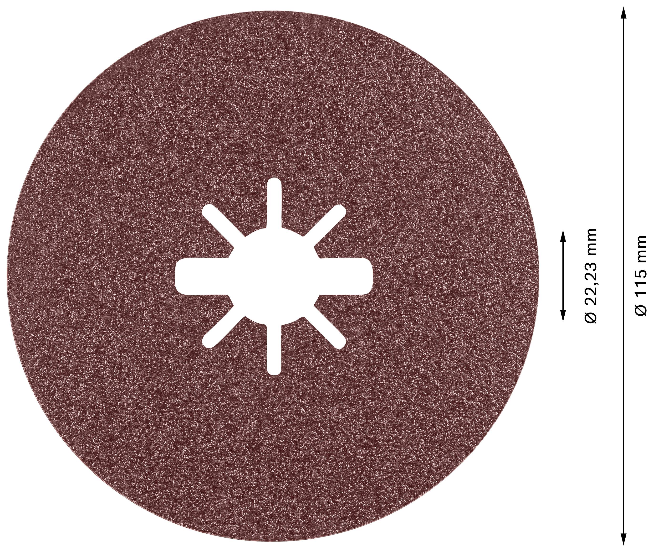 Grinding wheel with a central hole and star-shaped cut-outs, diameter 115 mm, hole diameter 22.23 mm.