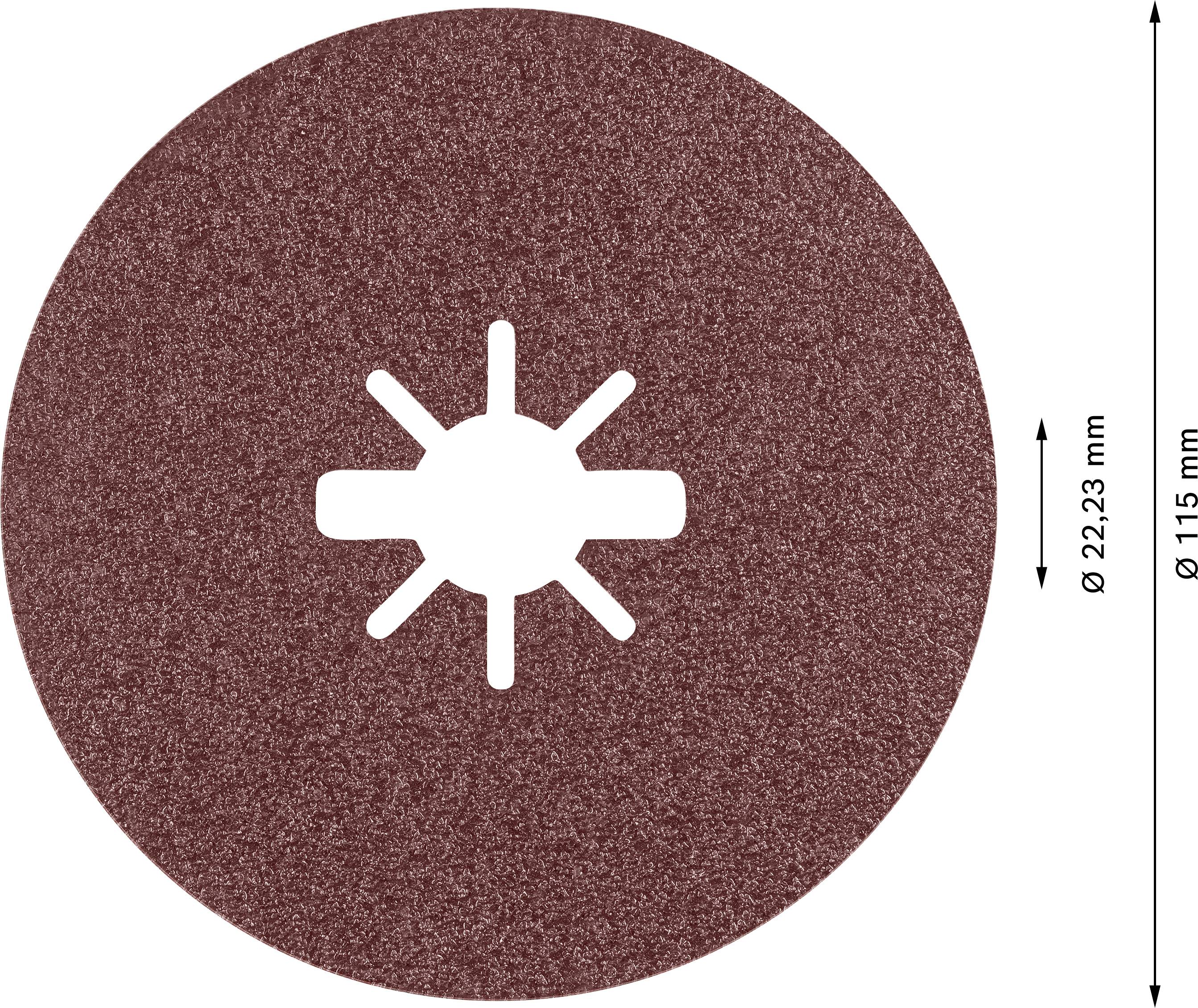 Grinding disc: brown, round with six-pointed pattern in the center. Diameter 115 mm, central opening 22.23 mm.