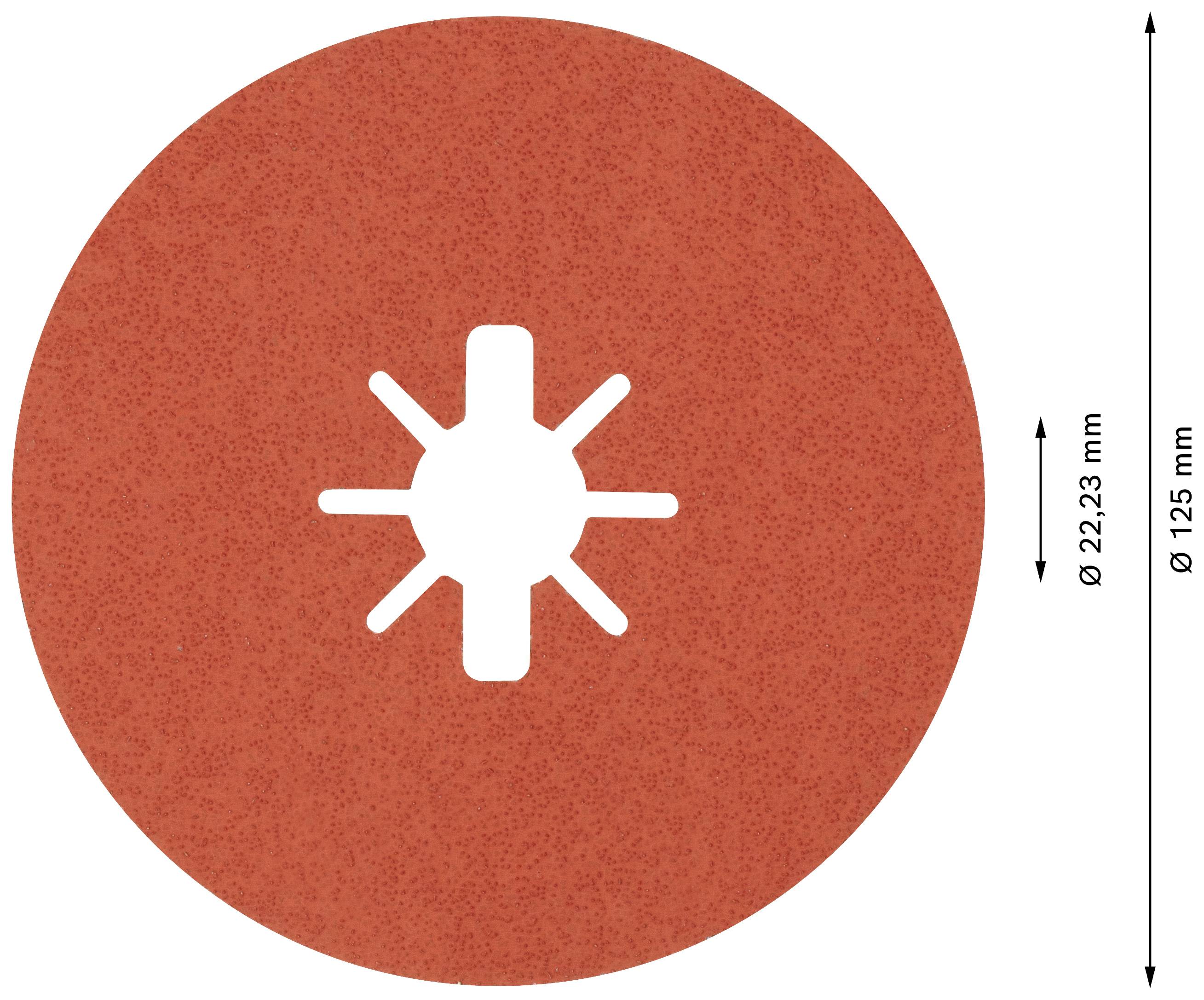 Red grinding disc with central cross slot and six radial slots, diameter 125 mm, inner aperture 22.23 mm.