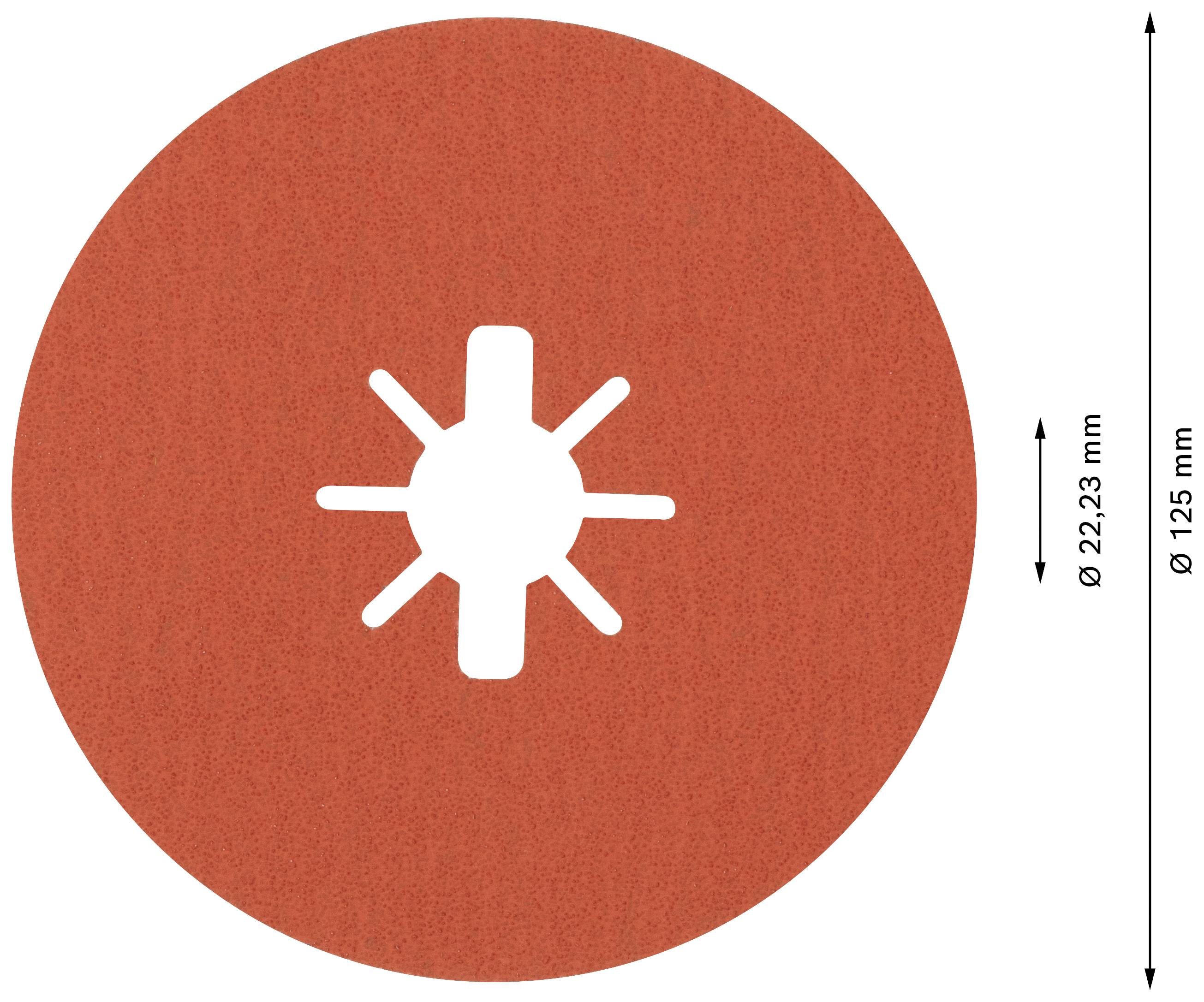 Round, orange sanding disc with a diameter of 125 mm and a central hole of 22.23 mm.