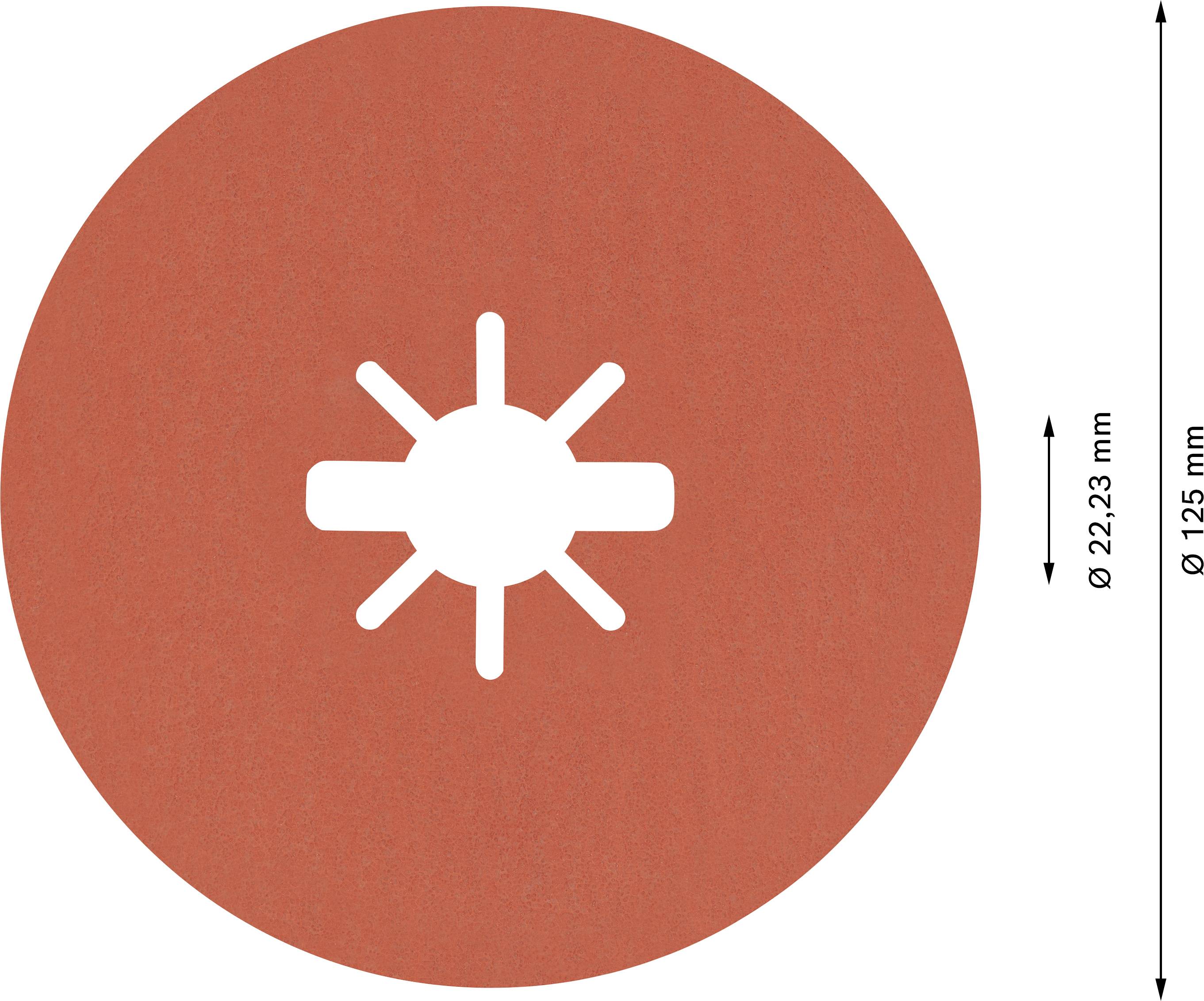 A red sign with a white symbol in the center depicting rays. The diameter is 125 mm and the central width is 22.23 mm.