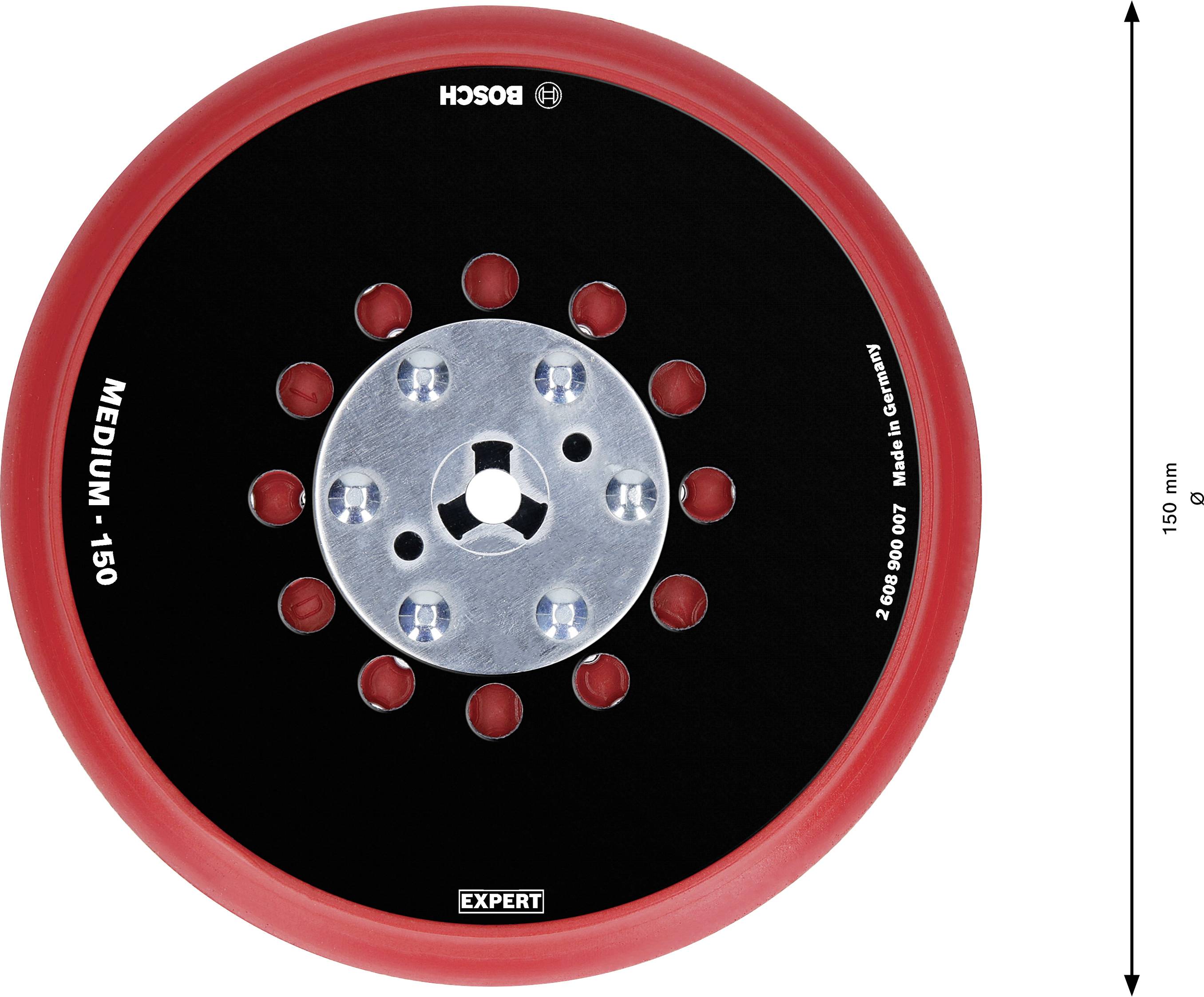 'Bosch' grinding disc with a red rim, black surface and medium grain. Diameter 150 mm, ten holes around central metal mounting.