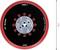 'Bosch' grinding disc with a red rim, black surface and medium grain. Diameter 150 mm, ten holes around central metal mounting.