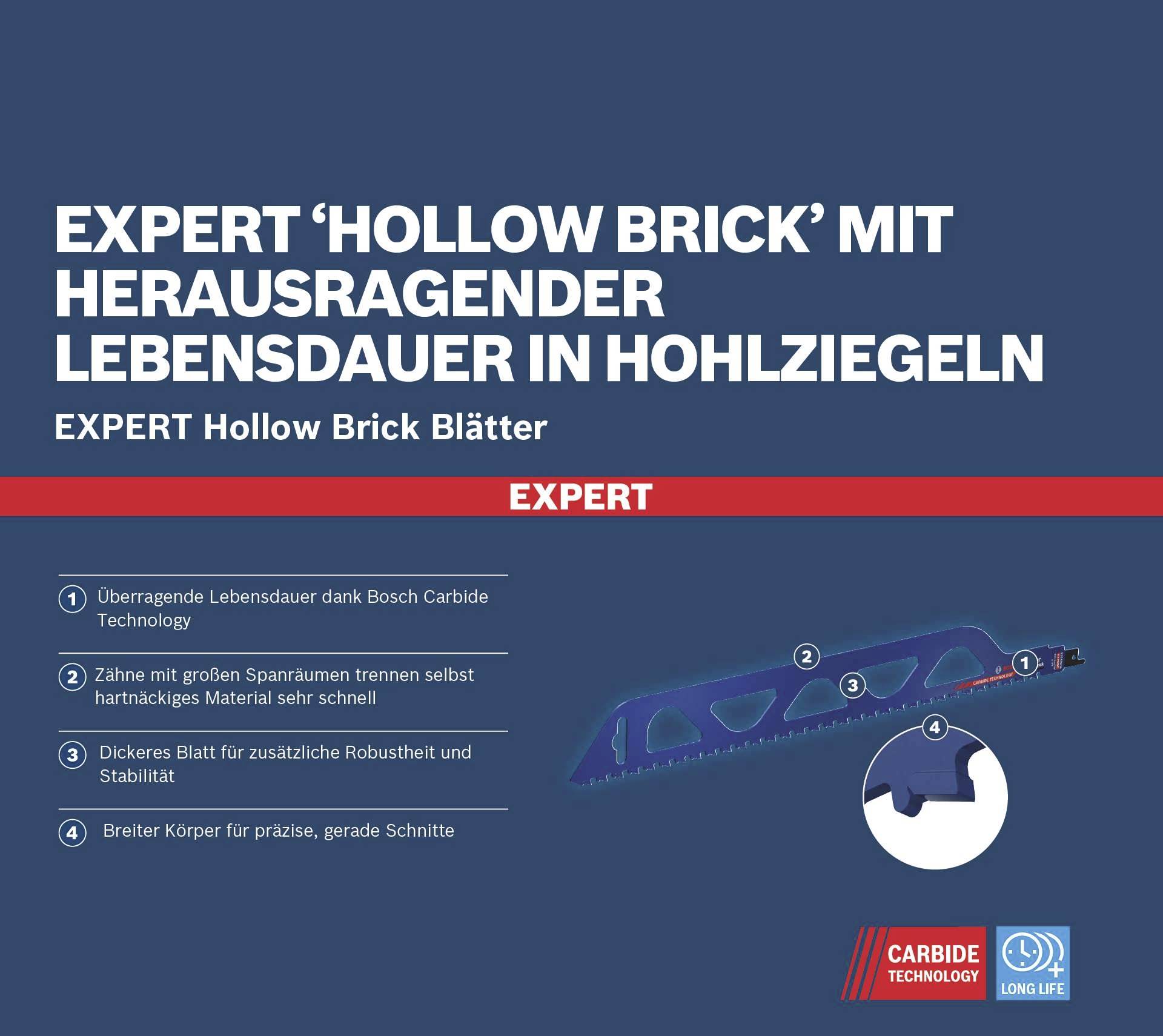 'EXPERT 'Hollow Brick' with outstanding durability in hollow bricks. Features: Robust teeth, thick blade, sturdy body.'
