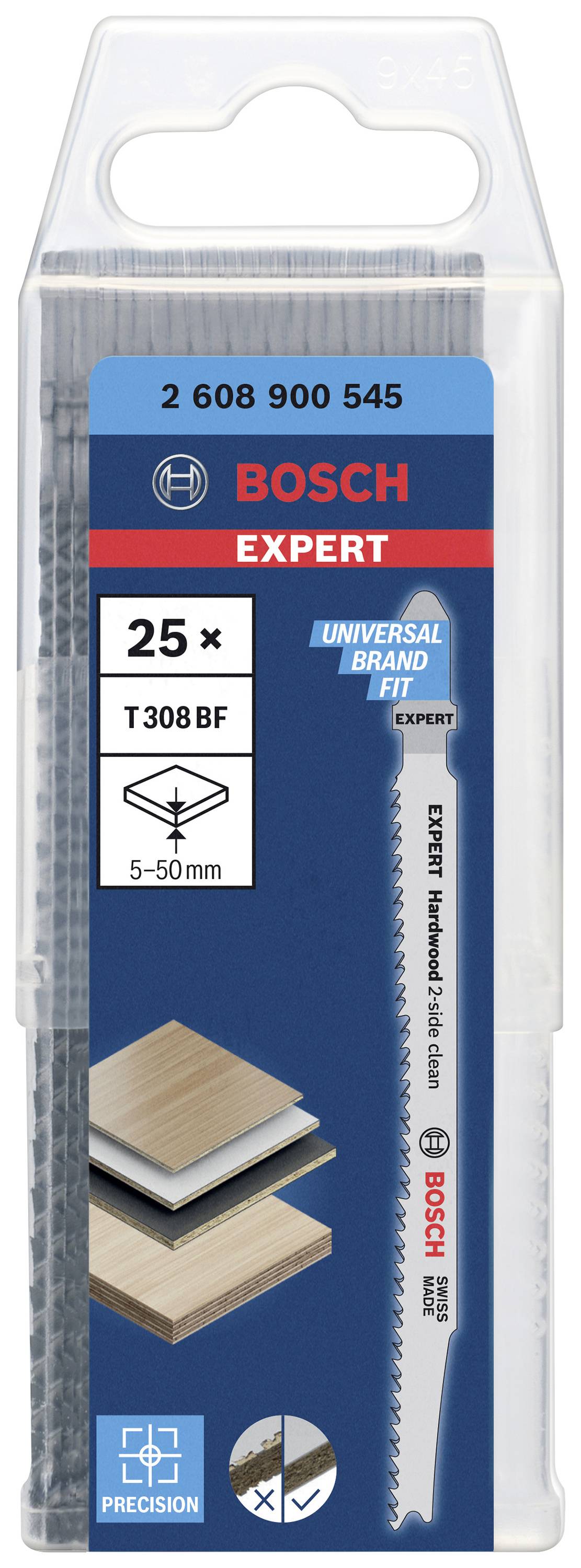 Packaging of Bosch Expert Jigsaw Blades T308 BF, suitable for wood and plastic, contains 25 pieces with universal holder.