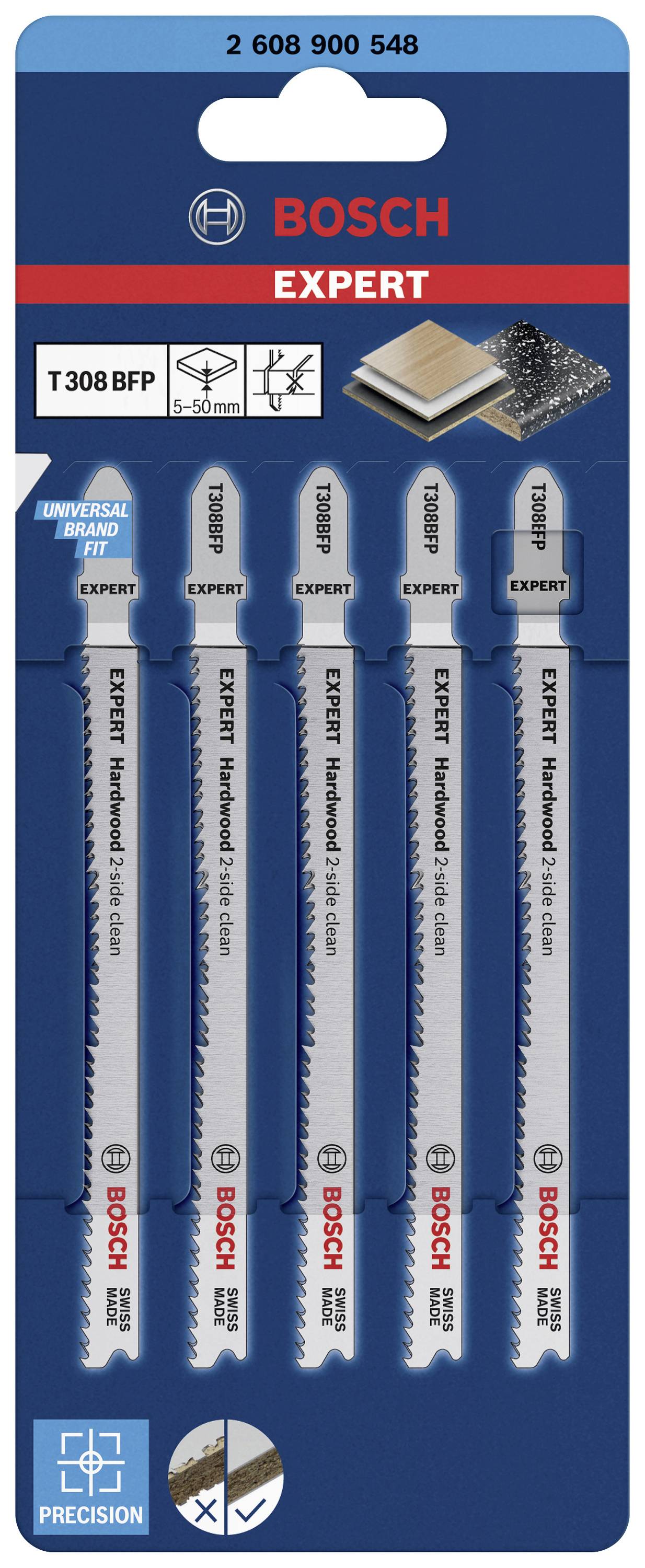 'Bosch Expert Jigsaw Blades Set, 5-piece, for Softwood. Precise cut, universal shank, suitable for 5-50mm thickness.'