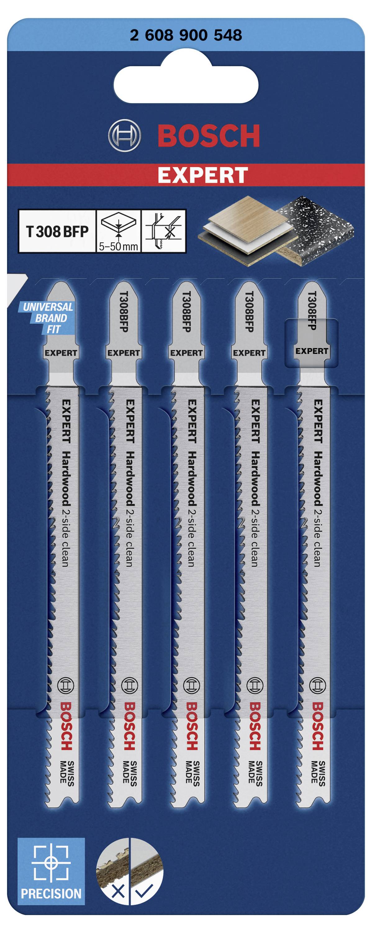 'Bosch Expert' jigsaw blades displayed on a blue cardboard backing; Set of five blades for wood and metal, with special precision features.