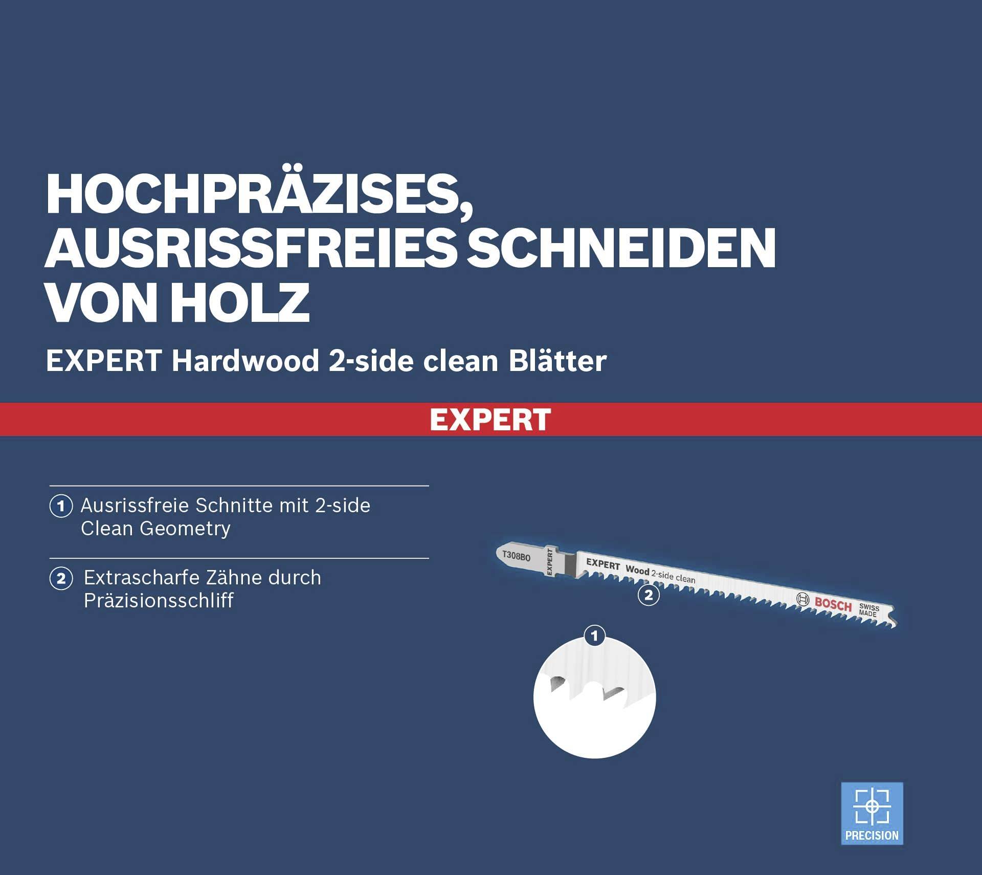 'High-precision, splinter-free cutting of wood' with Expert Hardwood 2-sided Blades. Characteristics: Splinter-free cuts, extra-sharp teeth.