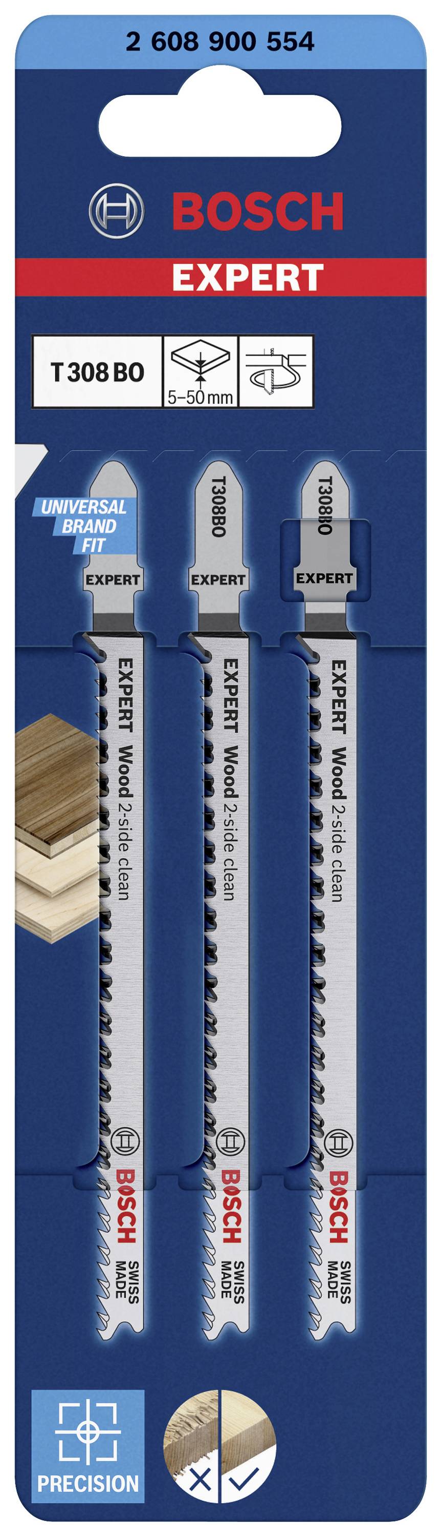 'Bosch Expert T308BO' Jigsaw Blades, 3-Pack. Suitable for Wood. Saw Blades in Plastic Packaging with Wood Symbols for Precision Marking.