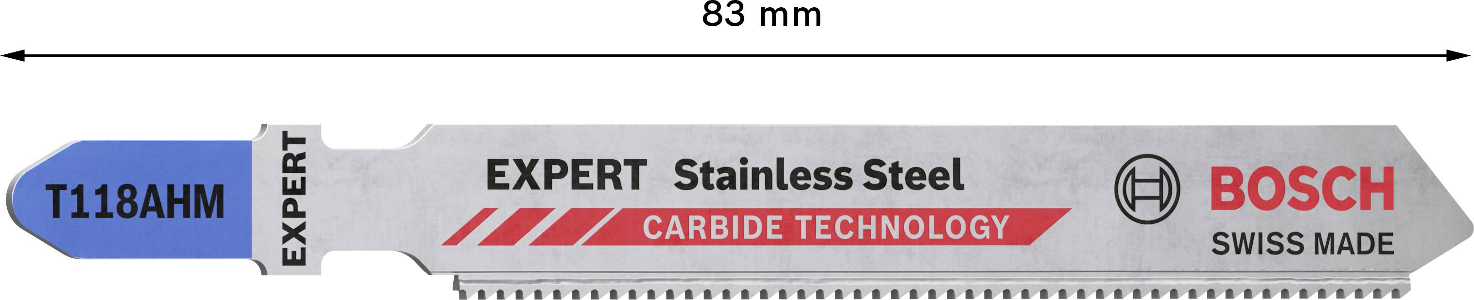 'Bosch Expert T118AHM' jigsaw blade made of stainless steel with carbide technology, length 83 mm, imprint 'SWISS MADE'.