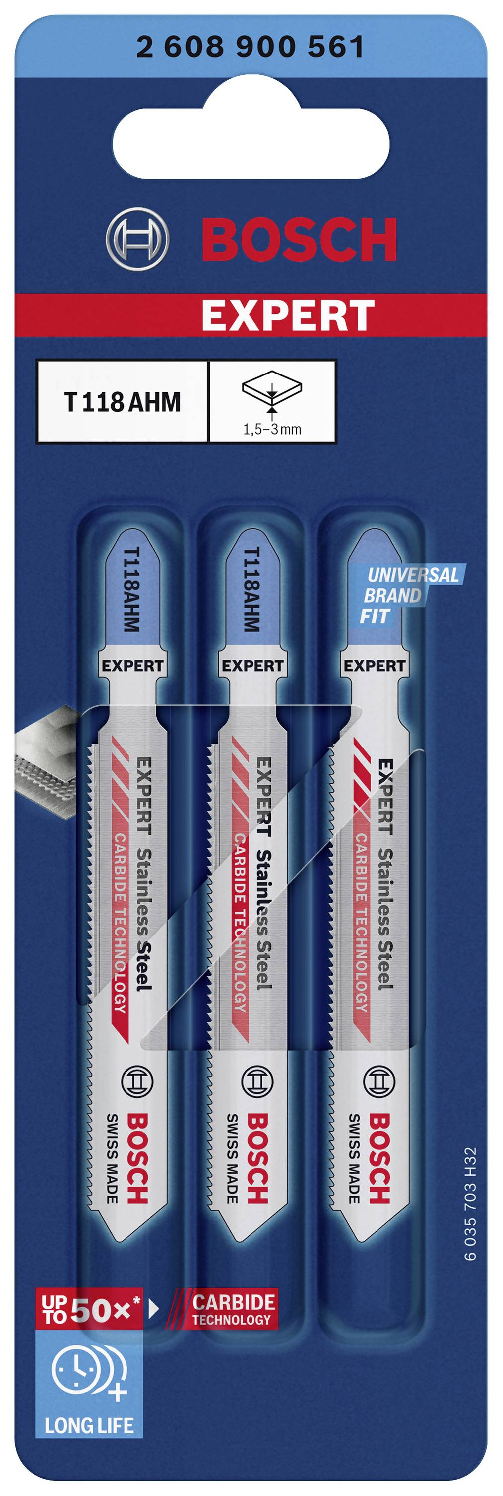 Bosch T118AHM jigsaw blades packaging for metal and stainless steel, 3 pieces, with 'Expert' and 'Carbide' inscription.