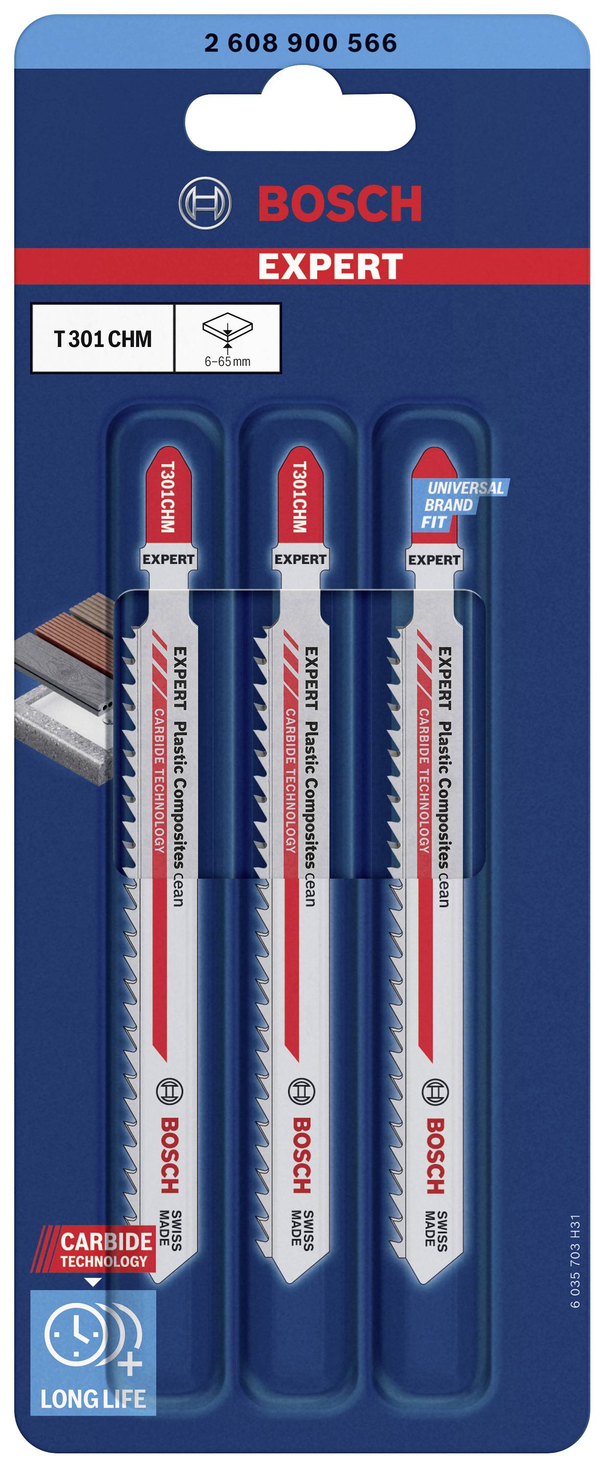 'Three Bosch Expert Saw Blades in Blister Pack; Model T301 CHM. Suitable for Woodworking. Long-lasting due to Tungsten Carbide.'