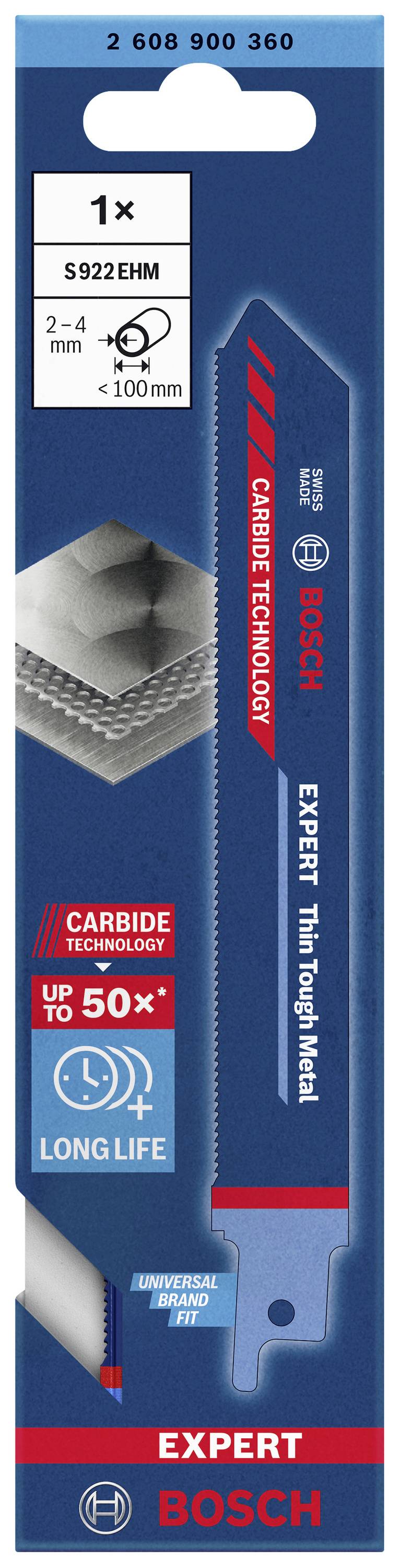 Packaging for a Bosch Saw Blade for Thin Metal. Details: S922 EHM, suitable for 2-4 mm, long-lasting, 100 mm length.