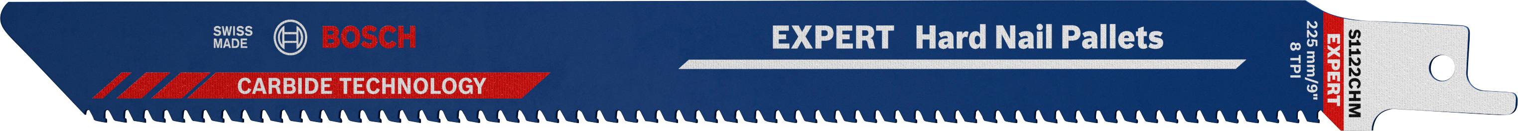 Saw blade with 'EXPERT Hard/NAIL Pallets' inscription, Bosch logo, suitable for hard and nailed pallets, blue and red colour scheme.