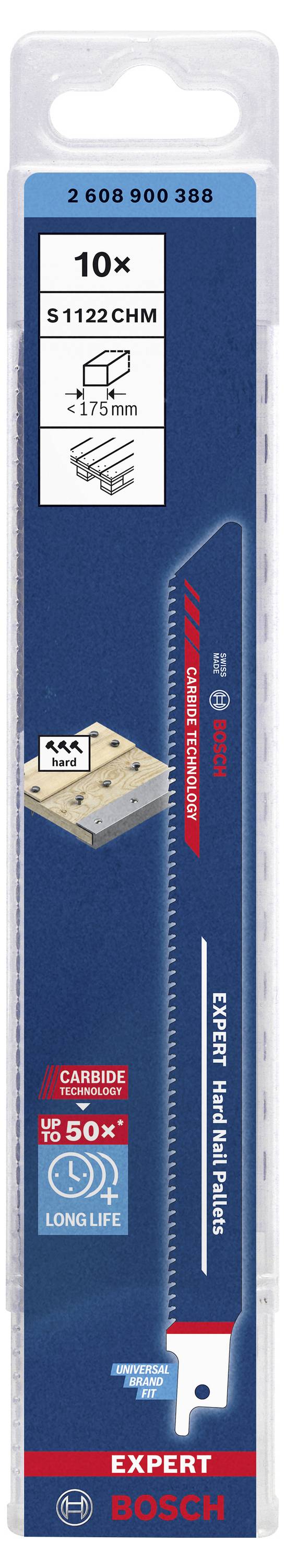 Pack of 10 Bosch Expert jigsaw blades for wood and metal, Model S 1122 CHM, long-lasting, suitable for thick material thicknesses.