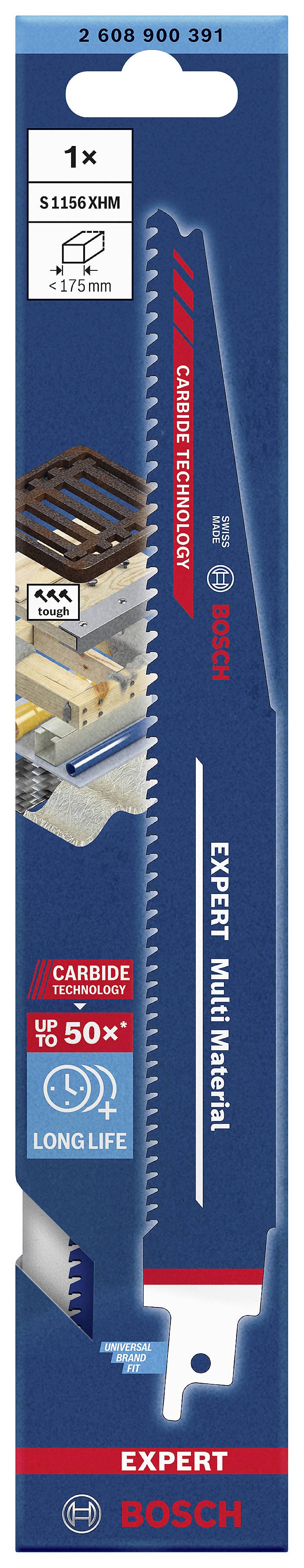 'Bosch Expert Multi-Material Saw Blade' on blue packaging. Suitable for thin metal, aluminium and wood; long-lasting.