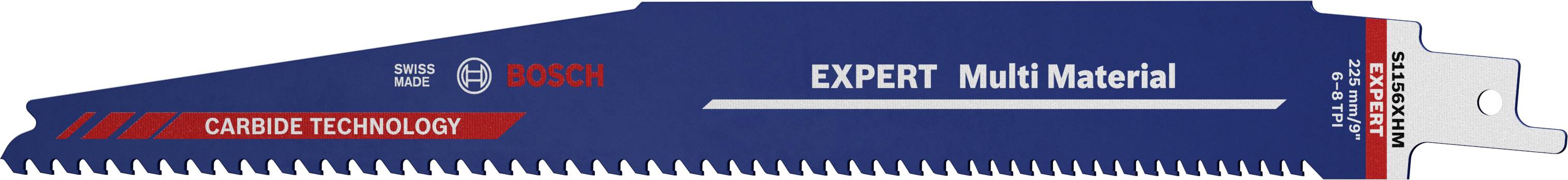 Sabre saw blade 'Bosch Expert Multi Material' with a blue surface and red accents. Suitable for various materials.